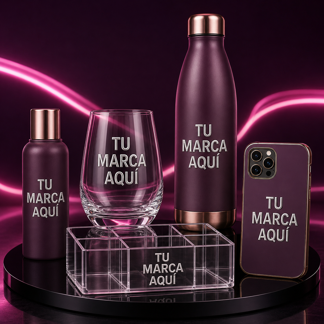 Botellas, vaso, organizador y funda Tu marca aquí